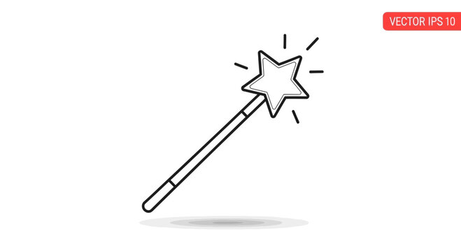 Magic Wand with Star Icon, Outline Drawing, Fantasy and Imagination Symbol