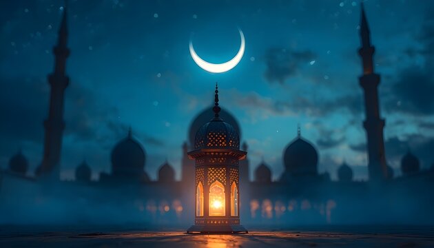 Mystical ramadan night scene with glowing lantern, crescent moon, and mosque silhouettes under a starry sky