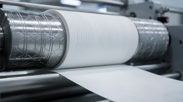 Closeup medium shot of geometric embossing rolls creating precise sharp shapes and lines on white toilet tissue in a modern factory environment.