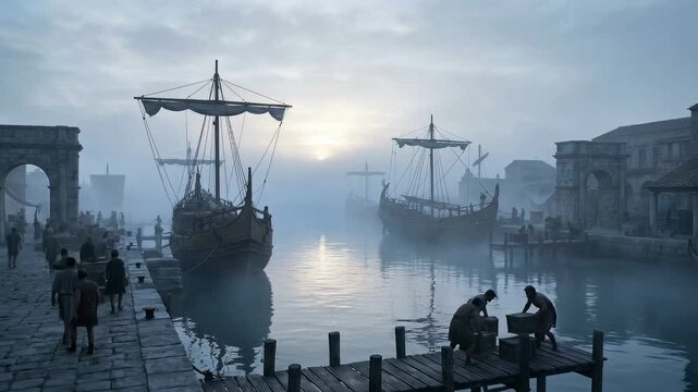 Roman-era port life with men unloading cargo from wooden boats on a misty morning for historical and travel concepts