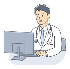 パソコンを操作する上半身の若い男性医師のイラスト