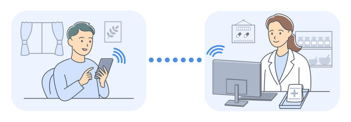 オンライン診療で服薬指導を受ける患者と薬剤師のイラスト