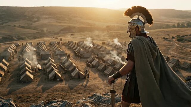 Roman soldier overlooking a vast military encampment in a sunlit field, historical war strategy and ancient army life scene