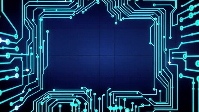 Dark Blue Cyber Security Background with Glowing Circuit Frame and Copy Space