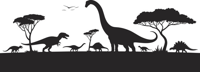 Dinosaur silhouettes prehistoric landscape flat vector illustration isolated on white background jurassic wildlife clipart collection bundle design © Mst