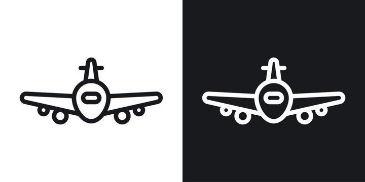 Airplane icon set in black and white stroke lines