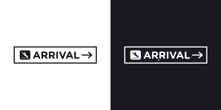 Airport arrival sign set in black and white stroke lines