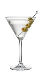 Classic martini cocktail with green olives isolated on white background