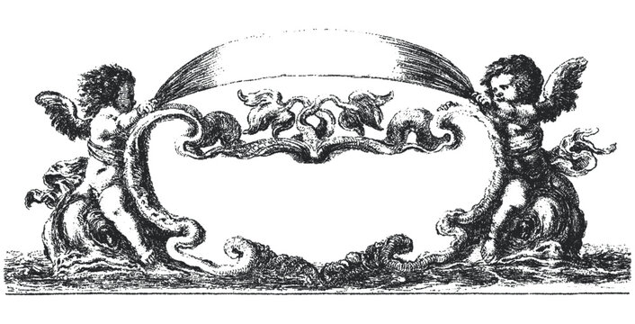 Antique baroque cartouche vector with two cherubs holding a drapery banner. Vintage title page frame with putti and marine elements for logo or text placement