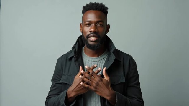Portrait of smart afro american man leader investor cross hands ready decide solution wear jacket isolated over gray color background fashion editorial photography, high-fashion imagery, ava.