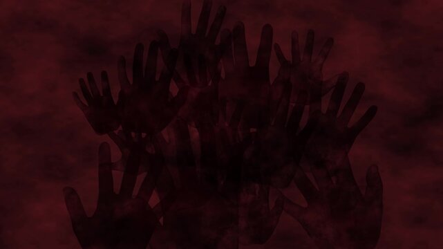 赤いモヤモヤした空間に無数の手形が現れる不気味で怖いアニメーション背景動画