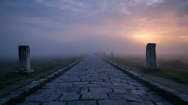 People walking on a misty cobblestone road at sunrise. Historic pathway through a foggy field with disappearing figures. Ancient route concept.