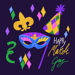 Happy Mardi Gras banner with blue carnival mask, party hat and fleur de lis. Square. Flat illustration for festival posters, celebration greeting cards or masquerade event invitations © Svetlana