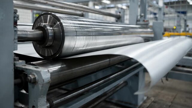 Closeup medium view of hardnip calendering rollers applying high pressure to thick materials enhancing gloss and uniform surface texture in a manufacturing line.