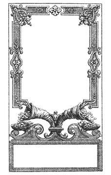 Antique vintage frame vector with double cornucopias overflowing with coins. Engraved decorative title page border symbolizing wealth and abundance for certificate or financial design.
