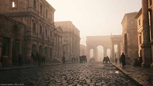 Ancient roman empire street with man and horse drawn carriages moving through a bustling city scene at sunrise. Historical reenactment.