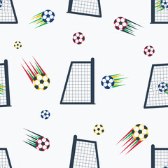 Fototapeta premium Goal post geometry seamless pattern with net grid and ball scoring. Football target background for 2026 sport match. Vector flat design for goalkeeper textile and wallpaper.