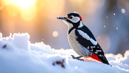 Perched bird with red head and chest on snow, sunlit background