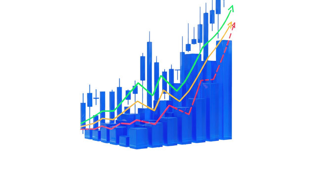 ultra-detailed, photorealistic cgi of futuristic translucent blue candlestick charts and volume bars floating over a white hexagonal grid, low-angle view concept of rapid financial success