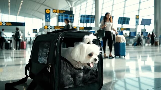 White maltese dog in pet carrier at airport. Woman traveler with small dog in pet crate for domestic or international flight.