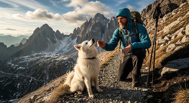 Man and Dog Enjoying a Mountain Hike with Stunning Scenery.