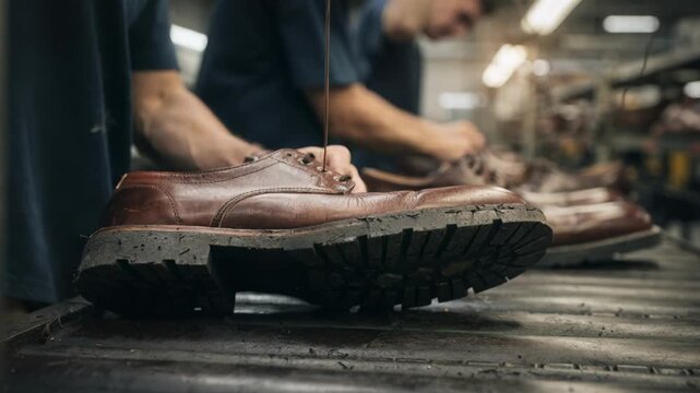 Shot of production workers using thick thread to stitch rugged derby shoe uppers to midsoles on an industrial assembly line emphasizing strength and craftsmanship in durable