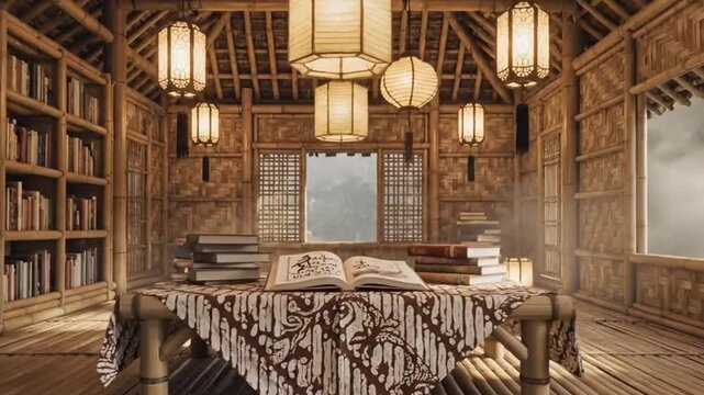 Cinematic 4K Mountain Village Study House with Bamboo Walls and Batik Tables for Hari Kartini