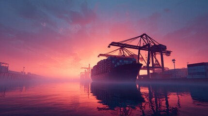 Obraz premium Massive container ship docked at port during a vibrant pink and blue sunset