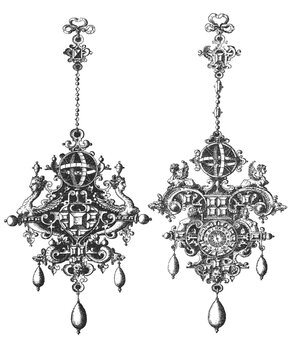 Antique renaissance jewelry pendant vectors with sundial and armillary sphere. Engraved gold ornaments featuring clock face, mythical sphinxes and pearl drops. Vintage horology design