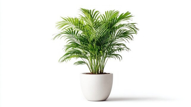 Lush green areca palm plant in a white pot, isolated on a clean white background