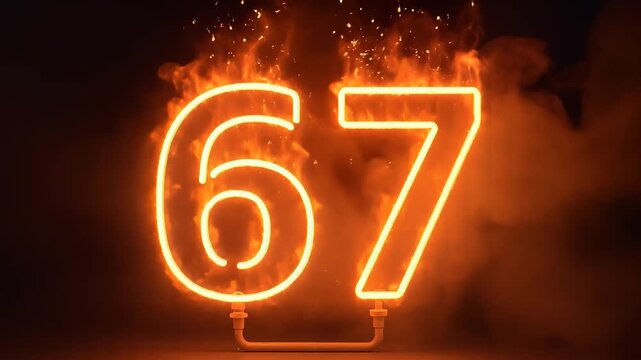 Glowing neon number 67 igniting with dramatic flames, slow motion, cinematic lighting, symbolizing celebration or countdown