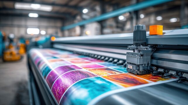 Large format digital printer creating vibrant colorful images on a roll of material in a factory setting