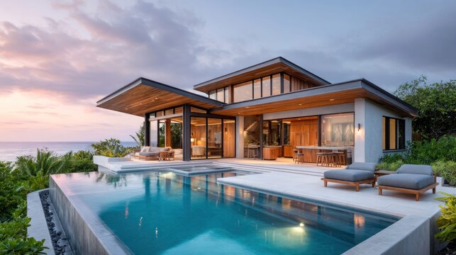 Luxury modern home with a pool overlooking the ocean at sunset