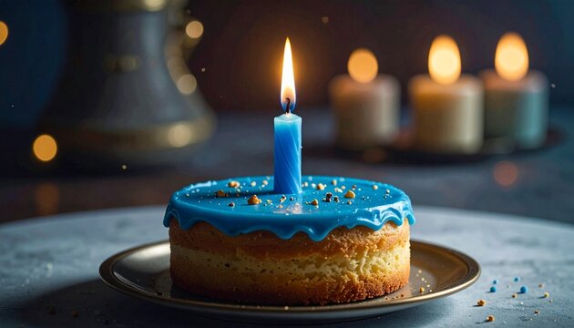 A glowing blue cake crowned with a single candle&hellip;