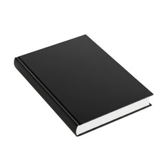 A black hardcover book stands upright on a white background.