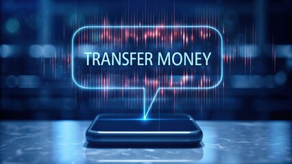 digital banking customer trends. Smartphone displaying "TRANSFER MONEY" text with digital soundwave graphics, symbolizing secure mobile financial transactions.