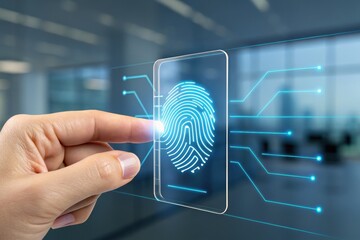 digital banking customer trends. A hand interacts with a digital fingerprint scanner on a transparent screen, symbolizing biometric security and identity verification.