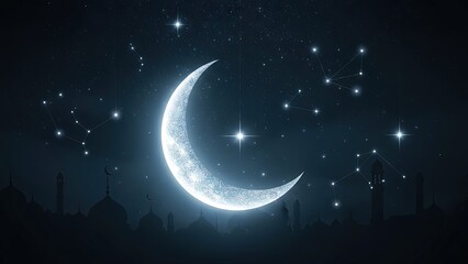 Naklejka premium Glowing Crescent Moon and Constellations in a Dark Night Sky Over a Silhouetted Cityscape