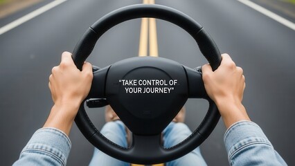 Hands holding steering wheel in car, taking control