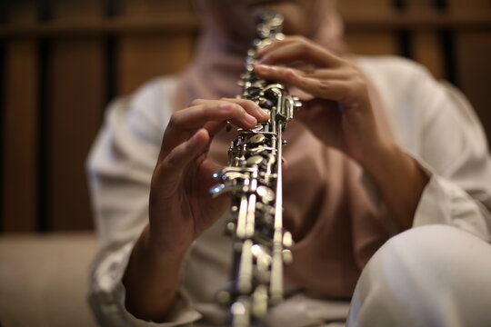 Close Up of Musician Playing Oboe