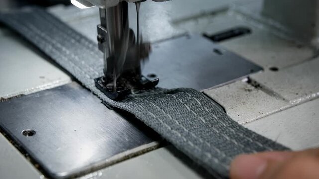 Medium shot of flat straps being precisely sewn onto machinery highlighting strong stitching techniques and material strength in industrial applications.
