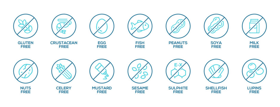 Isolated Vector Logo Set Badge Ingredient Warning Label. simple and cheerful Allergens icons. Food Intolerance. The 14 allergens required to declare written in english. Free