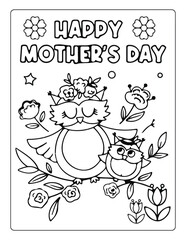 Mother's Day card with two owls and flowers in black and white