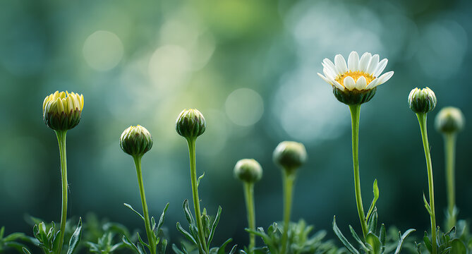 A serene scene of daisies and buds in a lush green environment with a blurred background