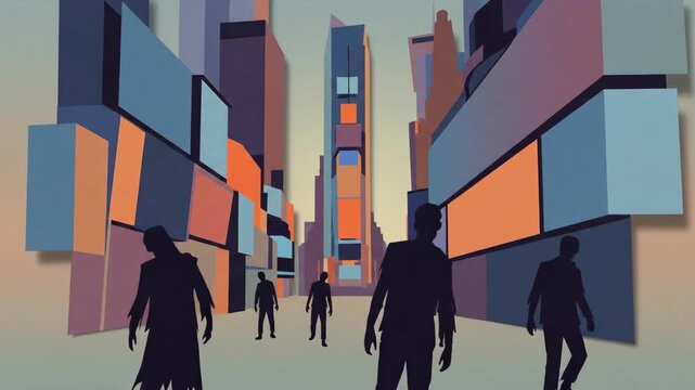 Animated collage of zombie silhouettes roaming a stylized city street with abstract buildings under a dull sky