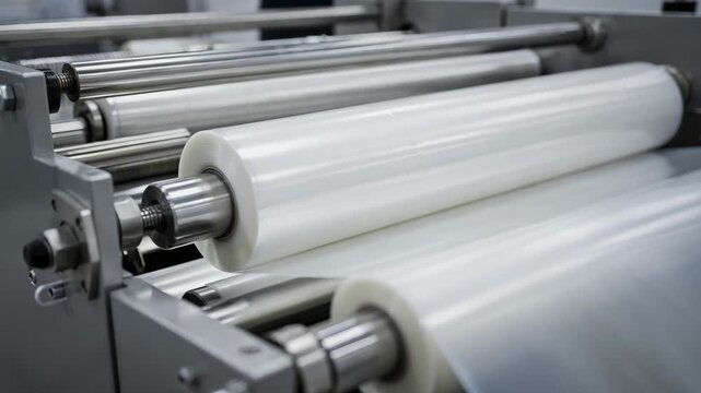 Matte finish foodgrade packaging film rolls gliding through mechanical rollers of modern wrapping equipment emphasizing texture and durability in food sealing processes.