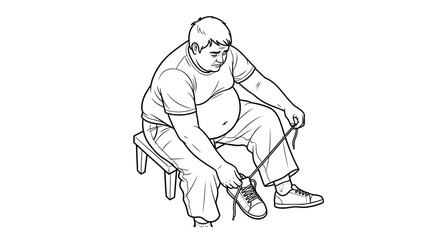 Overweight man sitting on a stool tying shoelaces, healthy lifestyle concept