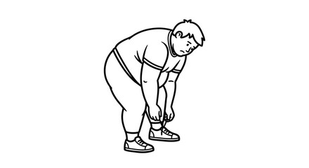 Obraz premium Overweight man tying shoelaces, preparing for exercise, cartoon style