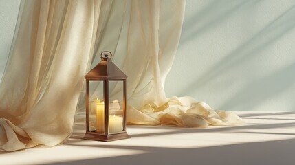 Candle holder with two candles inside is placed on a table next to a curtain