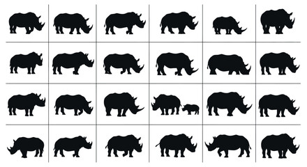 Collection of black rhinoceros silhouettes in various poses and sizes on white background for design use © Kamola
